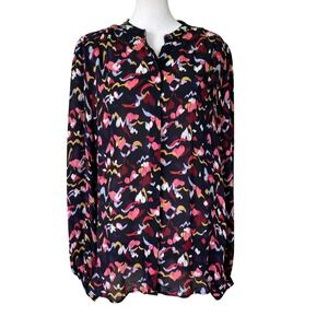 A.L.C. Owens 100% Silk Abstract Floral Blouse Semi-Sheer Black Pink (Size 14)